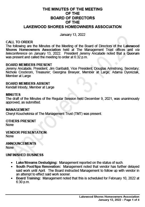 board of directors minutes 01-13-2022